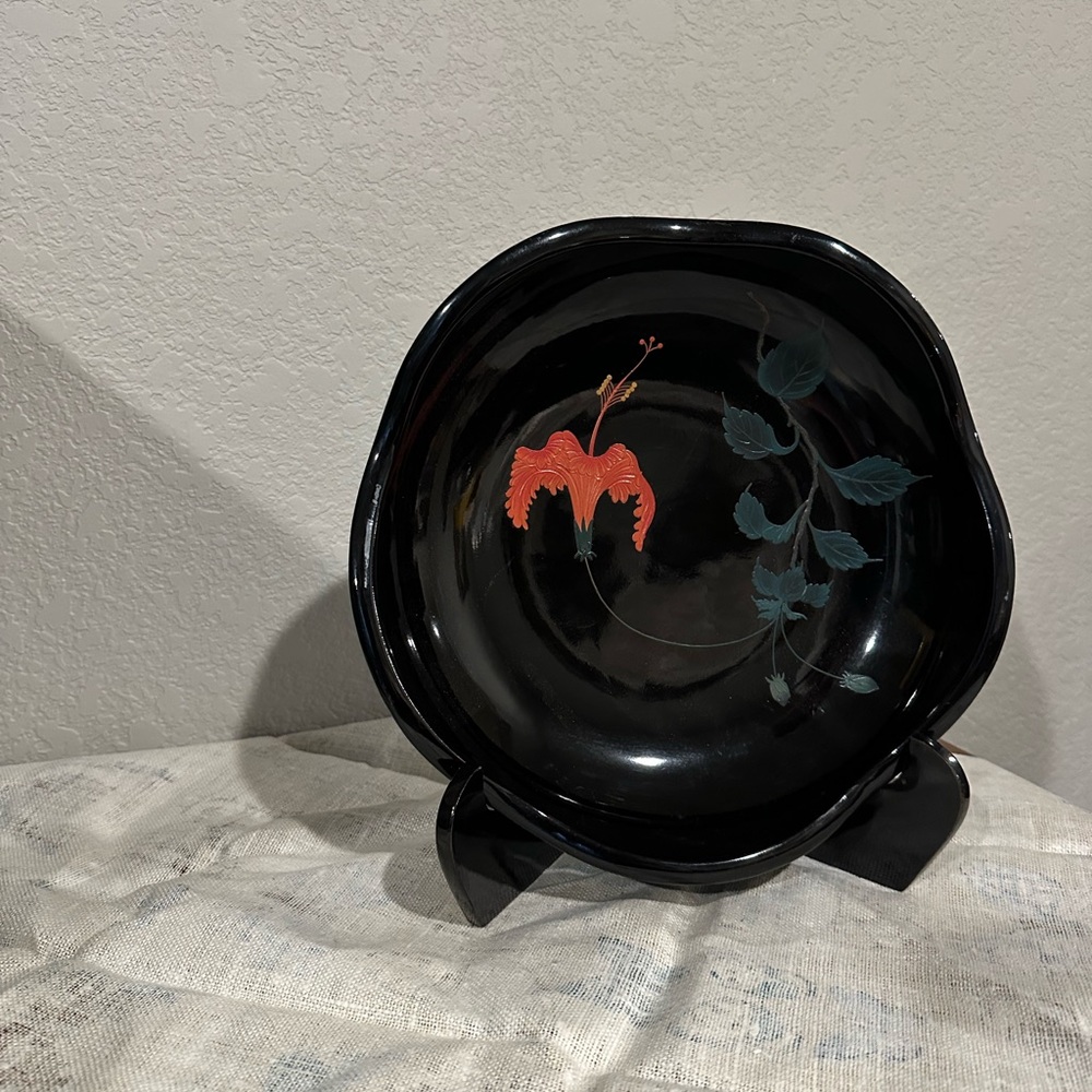 Vintage Black and Red Floral Plate with plate stand